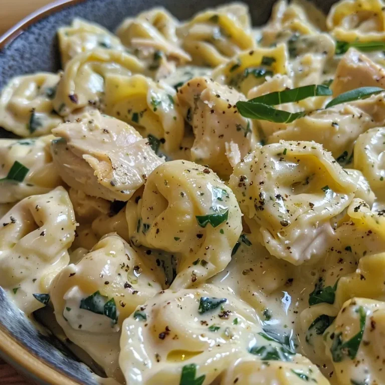 ['Close-up of creamy tortellini pasta with chicken in a bowl.', 'Side view of delicious cheese tortellini garnished with greens and chicken.', 'Juicy tortellini dish featuring shredded chicken, cream, and basil pesto.', 'Appetizing close-up of pasta with sauce, chicken, and fresh basil.']