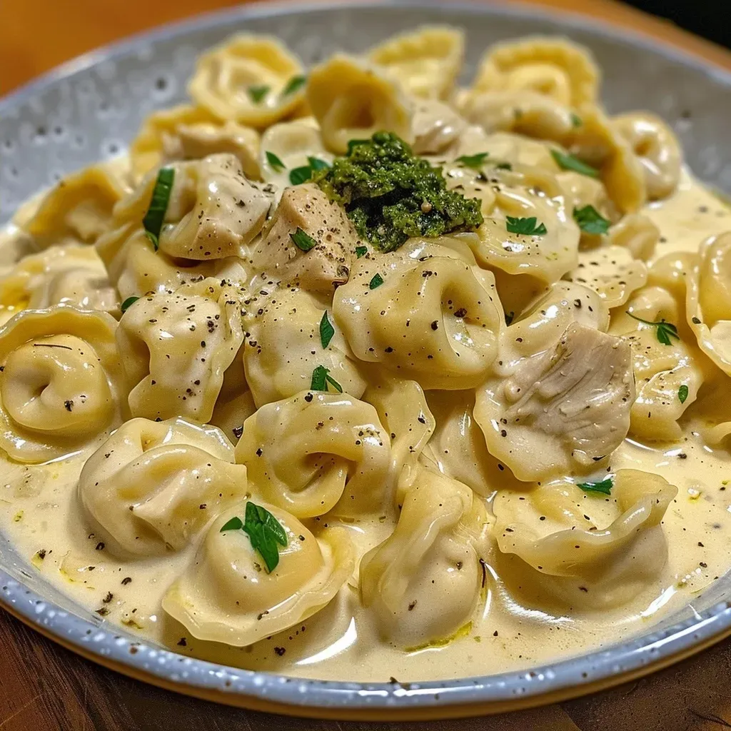 ['Close-up of creamy tortellini pasta with chicken in a bowl.', 'Side view of delicious cheese tortellini garnished with greens and chicken.', 'Juicy tortellini dish featuring shredded chicken, cream, and basil pesto.', 'Appetizing close-up of pasta with sauce, chicken, and fresh basil.']