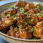 ['Close-up view of crispy honey garlic chicken garnished with green onions and sesame seeds.', 'Glazed honey garlic chicken in a skillet with a golden, crispy exterior.', 'Side view of juicy chicken pieces coated in a honey garlic sauce with spices visible.', 'Mouthwatering close-up of cooked chicken drizzled in a shiny honey garlic glaze.']