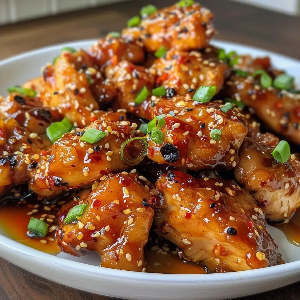 ['Close-up view of crispy honey garlic chicken garnished with green onions and sesame seeds.', 'Glazed honey garlic chicken in a skillet with a golden, crispy exterior.', 'Side view of juicy chicken pieces coated in a honey garlic sauce with spices visible.', 'Mouthwatering close-up of cooked chicken drizzled in a shiny honey garlic glaze.']