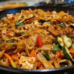 ['Close-up of Drunken Thai Noodles featuring chicken and colorful vegetables.', 'Side view of a bowl of Drunken Thai Noodles with fresh basil and vibrant ingredients.', 'Juicy Drunken Thai Noodles garnished with green onions and chili paste.', 'Detailed shot of Drunken Thai Noodles showcasing rice noodles and vegetables.']