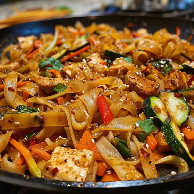 ['Close-up of Drunken Thai Noodles featuring chicken and colorful vegetables.', 'Side view of a bowl of Drunken Thai Noodles with fresh basil and vibrant ingredients.', 'Juicy Drunken Thai Noodles garnished with green onions and chili paste.', 'Detailed shot of Drunken Thai Noodles showcasing rice noodles and vegetables.']