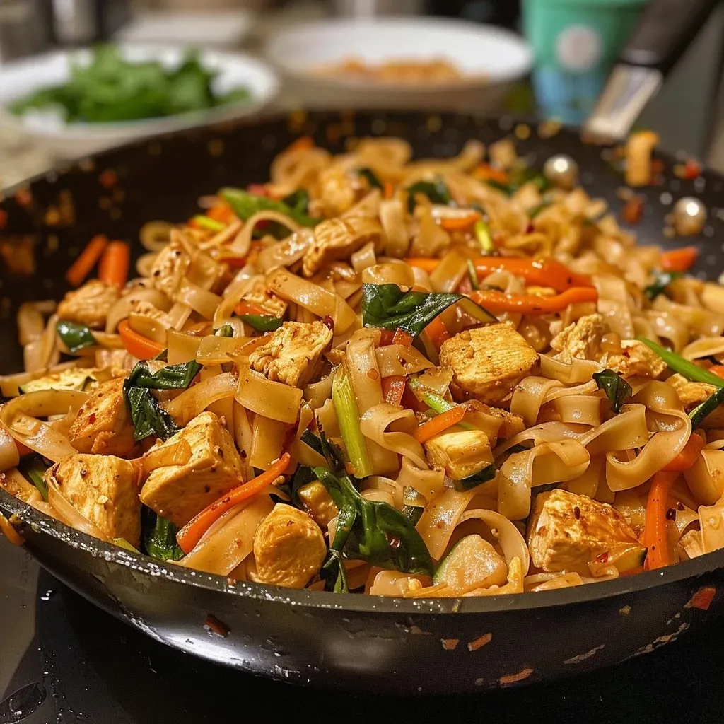 ['Close-up of Drunken Thai Noodles featuring chicken and colorful vegetables.', 'Side view of a bowl of Drunken Thai Noodles with fresh basil and vibrant ingredients.', 'Juicy Drunken Thai Noodles garnished with green onions and chili paste.', 'Detailed shot of Drunken Thai Noodles showcasing rice noodles and vegetables.']
