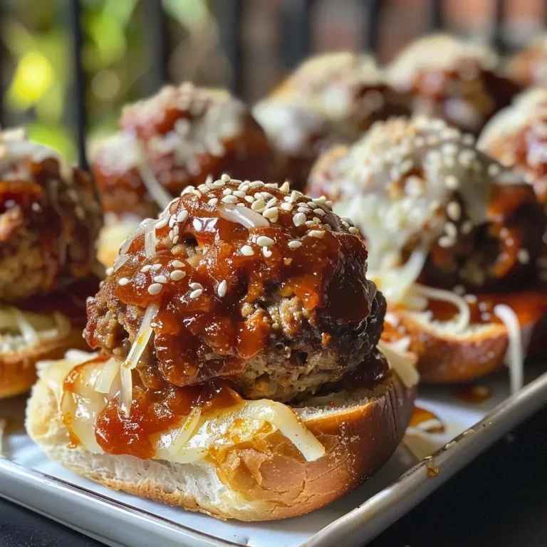 ['Close-up view of juicy BBQ meatball sliders on a platter.', 'Side view of several meatball sliders topped with melted cheese and sesame seeds.', 'Delicious meatball sliders with BBQ sauce and slider buns arranged neatly.', 'A tempting display of BBQ meatball sliders ready to serve.']