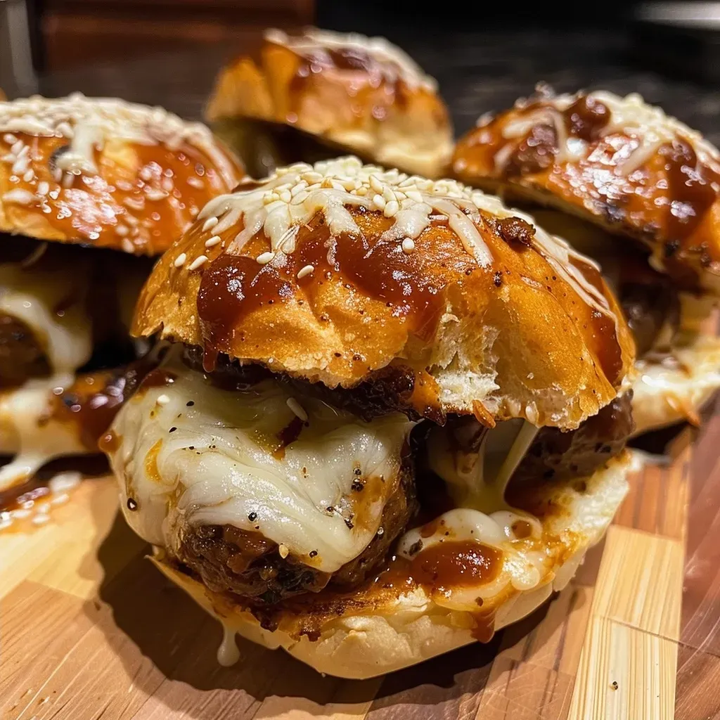 Close-up view of juicy BBQ meatball sliders on a platter.