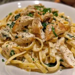 ['A close-up side view of creamy Fettuccine Alfredo with slices of chicken, sun-dried tomatoes, and fresh spinach.', 'A detailed shot showcasing cooked fettuccine in a rich Alfredo sauce topped with chicken and vibrant spinach.', 'An appetizing side view of Fettuccine Alfredo featuring succulent chicken, sun-dried tomatoes, and baby spinach.', 'A mouthwatering image of Fettuccine Alfredo with chicken, garnished with sun-dried tomatoes and fresh spinach leaves.']