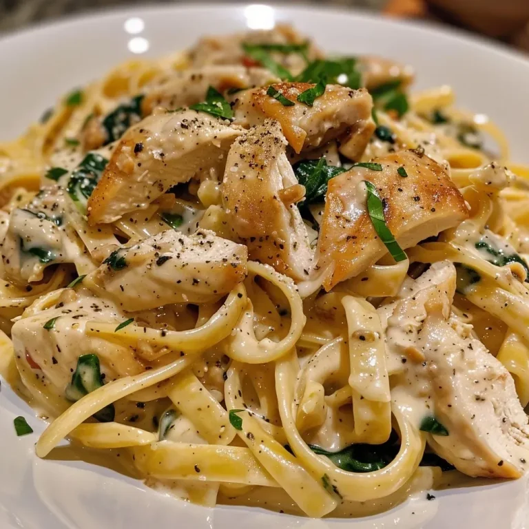 ['A close-up side view of creamy Fettuccine Alfredo with slices of chicken, sun-dried tomatoes, and fresh spinach.', 'A detailed shot showcasing cooked fettuccine in a rich Alfredo sauce topped with chicken and vibrant spinach.', 'An appetizing side view of Fettuccine Alfredo featuring succulent chicken, sun-dried tomatoes, and baby spinach.', 'A mouthwatering image of Fettuccine Alfredo with chicken, garnished with sun-dried tomatoes and fresh spinach leaves.']