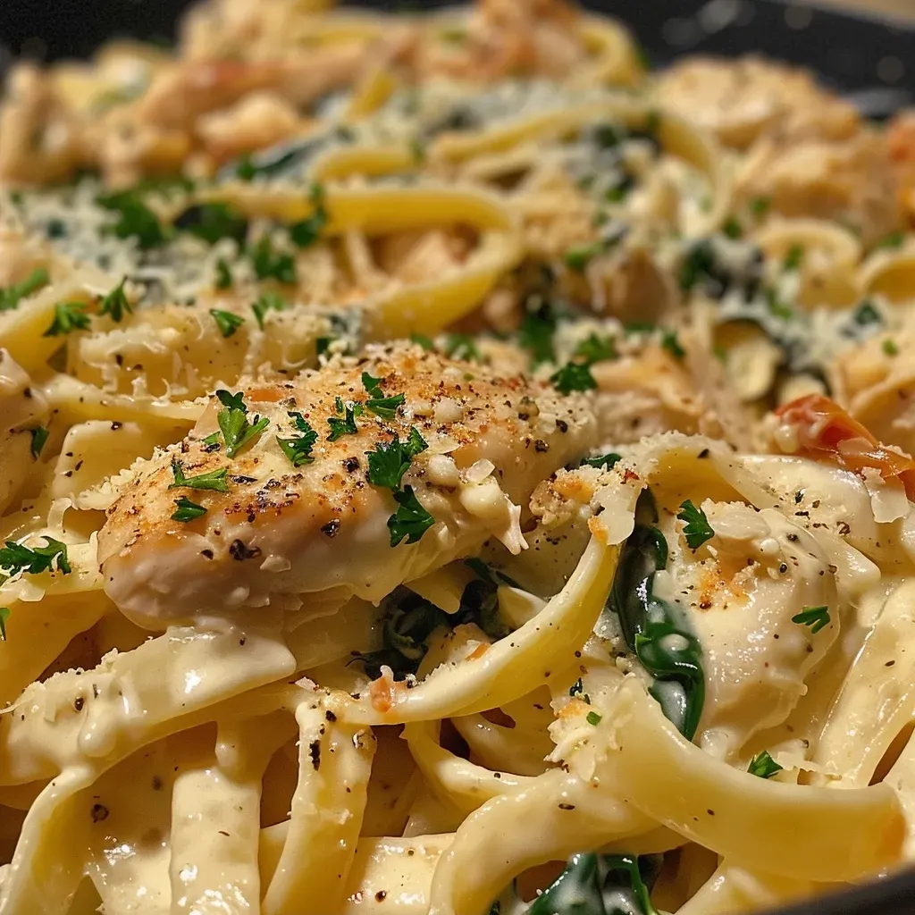 ['A close-up side view of creamy Fettuccine Alfredo with slices of chicken, sun-dried tomatoes, and fresh spinach.', 'A detailed shot showcasing cooked fettuccine in a rich Alfredo sauce topped with chicken and vibrant spinach.', 'An appetizing side view of Fettuccine Alfredo featuring succulent chicken, sun-dried tomatoes, and baby spinach.', 'A mouthwatering image of Fettuccine Alfredo with chicken, garnished with sun-dried tomatoes and fresh spinach leaves.']