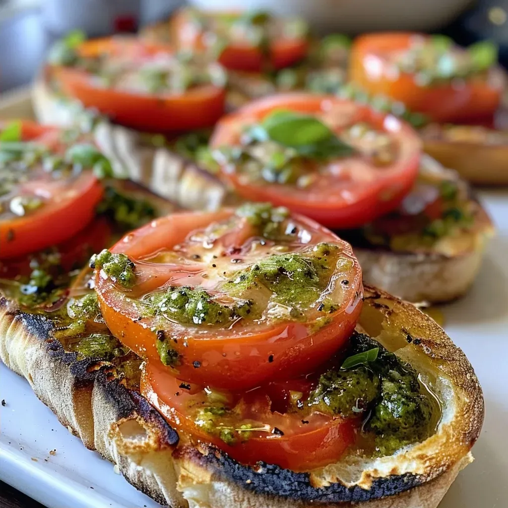 ['Close-up of a vibrant flatbread bruschetta topped with diced tomatoes and basil.', 'Side view of a delicious flatbread bruschetta garnished with pesto and fresh herbs.', 'Detailed shot of flatbread bruschetta featuring tomatoes and a drizzle of olive oil.', 'Juicy flatbread bruschetta with a colorful mix of toppings displayed on a wooden board.']