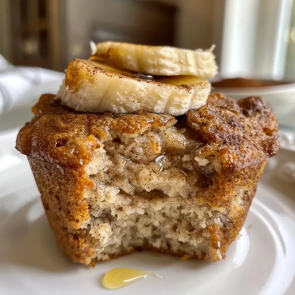 ['Close-up of fluffy banana cinnamon muffins with golden tops.', 'Side view of freshly baked banana muffins with a cinnamon sprinkle.', 'Juicy banana muffins featuring a light brown crust and textural details.', 'Soft muffins with banana and cinnamon, displayed on a rustic surface.']