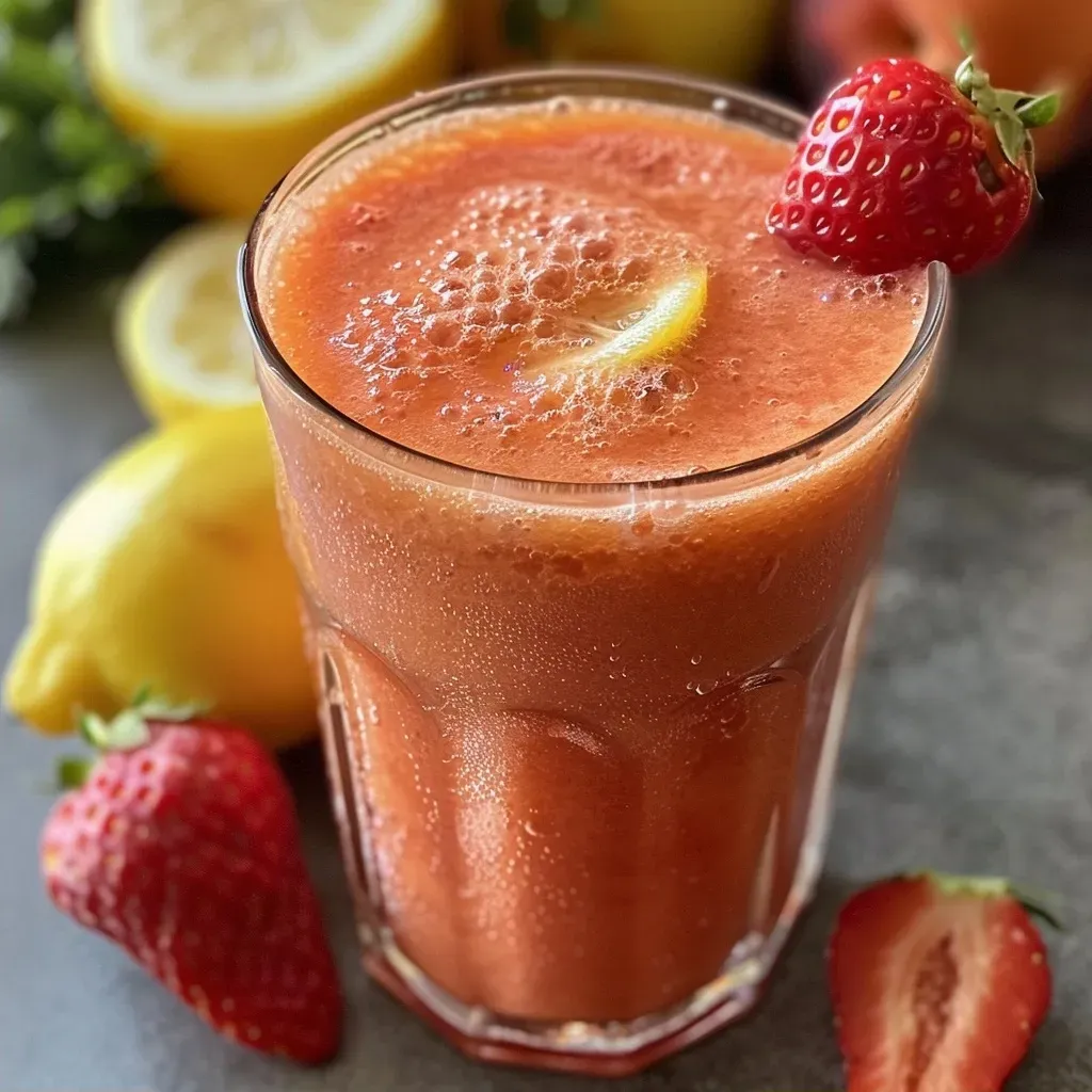 Close-up view of a vibrant frozen strawberry peach lemonade in a glass with ice.