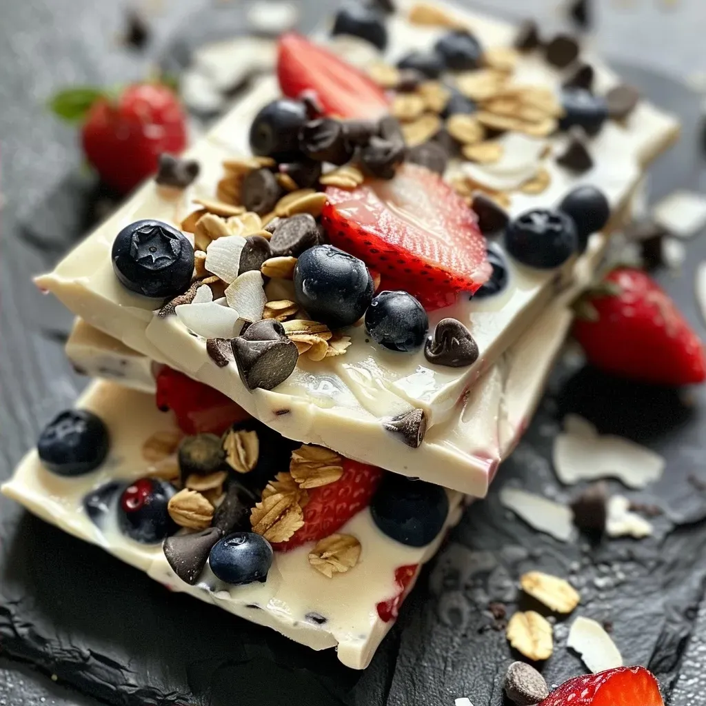 ['Close-up of colorful frozen yogurt bark with strawberries and blueberries.', 'Side view of frozen yogurt bark topped with granola, coconut flakes, and chocolate chips.', 'Thick layer of frozen yogurt bark featuring fresh fruit and toppings.', 'Brightly colored frozen yogurt bark presented on a white surface.']