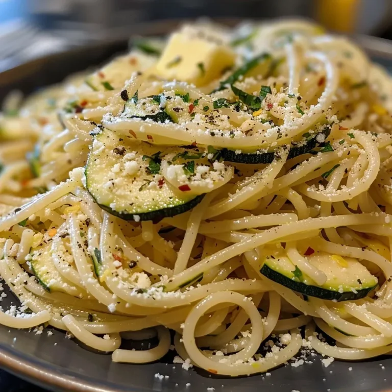 ['Close-up of golden garlic butter noodles with colorful vegetables and herbs.', 'Side view of garlic butter pasta garnished with zucchini and bell pepper.', 'Juicy garlic butter noodles displayed with a rich buttery sauce and fresh garlic.', 'Detail shot of a plate of garlic butter noodles featuring zucchini, bell pepper, and herbs.']