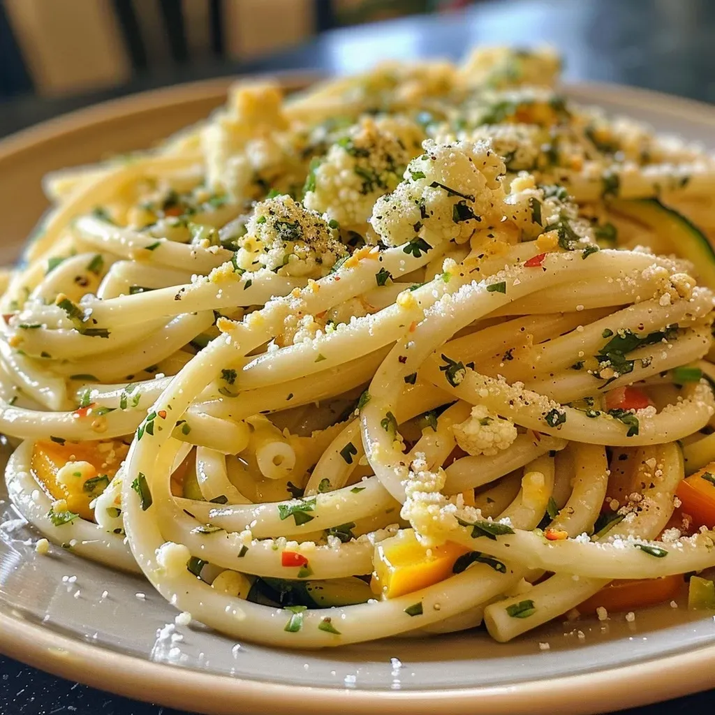 Close-up view of a plate of Garlic Butter Noodles topped with parsley.
