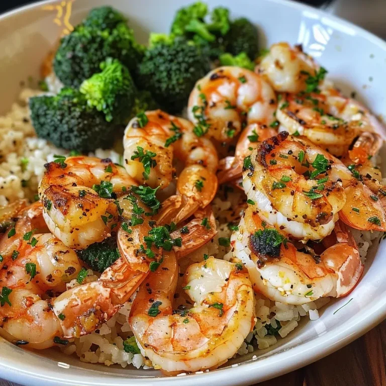 ['Close-up of a Garlic Butter Shrimp Protein Bowl with vibrant broccoli and shrimp.', 'Side view of a delicious Garlic Butter Shrimp dish served over rice and garnished with parsley.', 'Juicy shrimp and broccoli in a bowl, glistening with garlic butter sauce.', 'Colorful Garlic Butter Shrimp Bowl featuring large shrimp and fresh vegetables.']