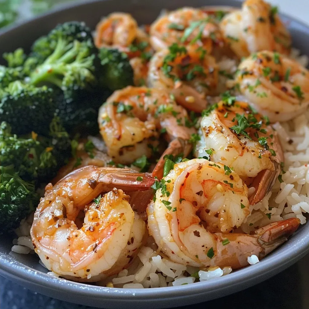 ['Close-up of a Garlic Butter Shrimp Protein Bowl with vibrant broccoli and shrimp.', 'Side view of a delicious Garlic Butter Shrimp dish served over rice and garnished with parsley.', 'Juicy shrimp and broccoli in a bowl, glistening with garlic butter sauce.', 'Colorful Garlic Butter Shrimp Bowl featuring large shrimp and fresh vegetables.']