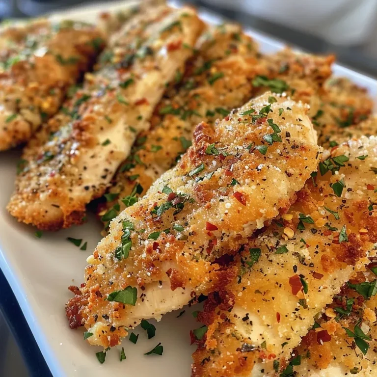 ['Crispy Garlic Parmesan air fryer chicken tenders served on a plate.', 'Close-up of juicy chicken tenders coated in garlic and Parmesan.', 'Side view of golden-brown chicken tenders garnished with herbs.', 'Air-fried chicken strips with a delicious garlic Parmesan crust.']