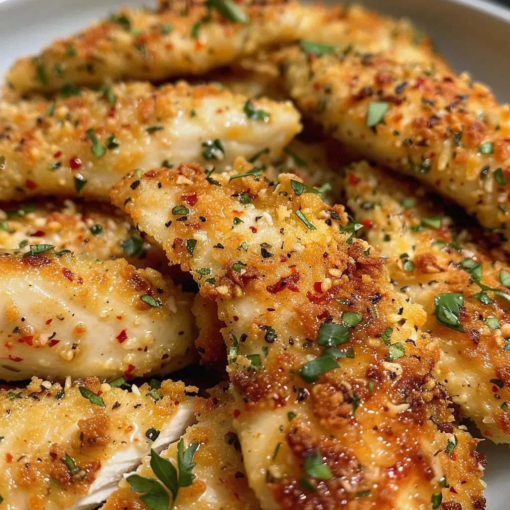 ['Crispy Garlic Parmesan air fryer chicken tenders served on a plate.', 'Close-up of juicy chicken tenders coated in garlic and Parmesan.', 'Side view of golden-brown chicken tenders garnished with herbs.', 'Air-fried chicken strips with a delicious garlic Parmesan crust.']