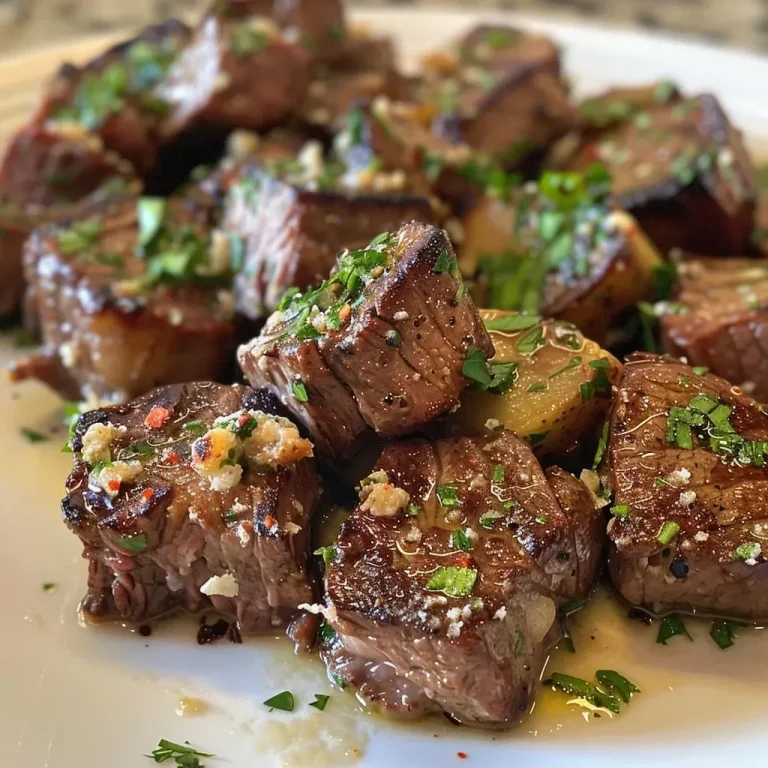 ['Juicy garlic Parmesan steak bites served with creamy mashed potatoes.', 'Close-up of tender garlic Parmesan steak bites and fluffy mashed potatoes.', 'Side view of garlic Parmesan steak bites alongside a serving of mashed potatoes.', 'Plated garlic Parmesan steak bites garnished with parsley next to mashed potatoes.']