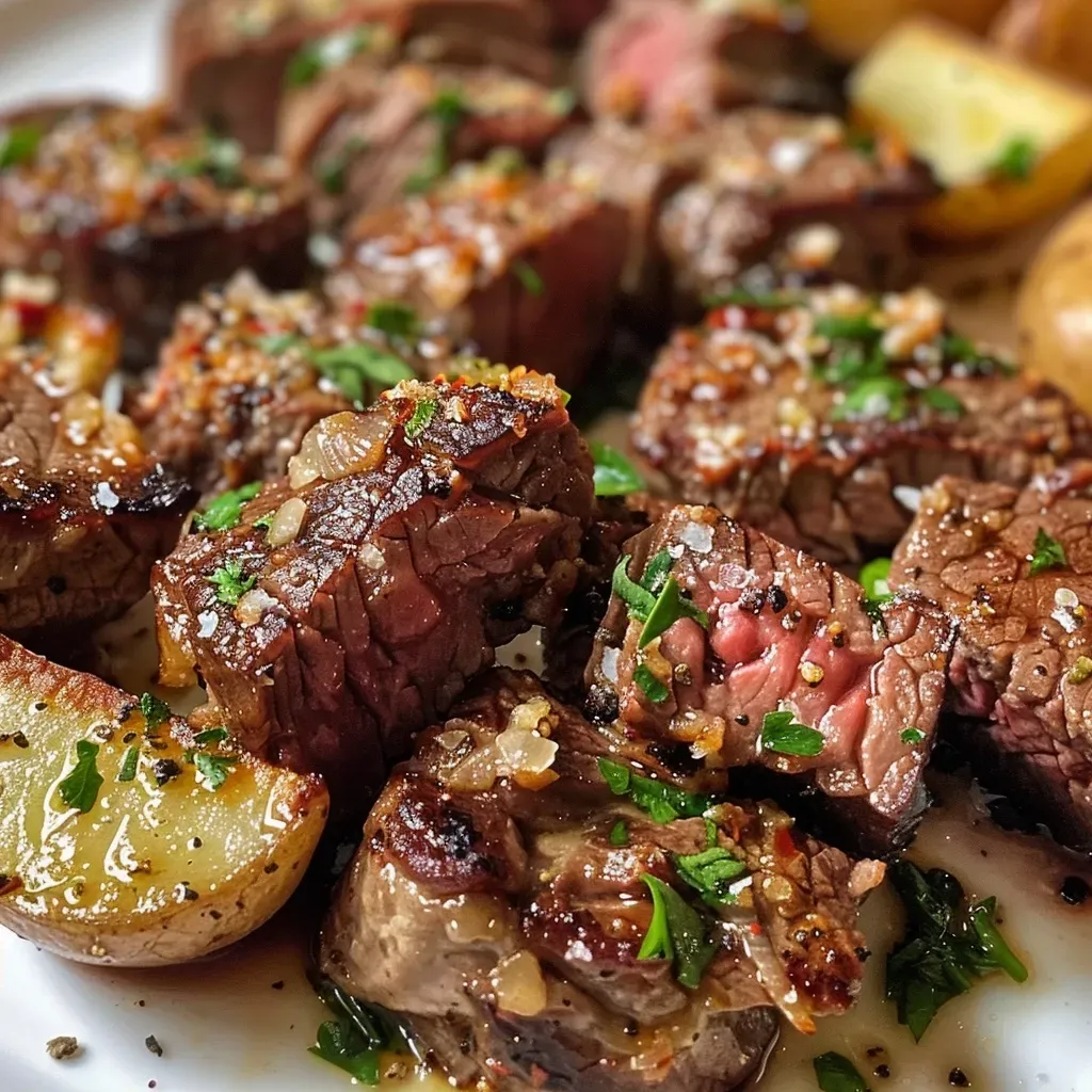 ['Juicy garlic Parmesan steak bites served with creamy mashed potatoes.', 'Close-up of tender garlic Parmesan steak bites and fluffy mashed potatoes.', 'Side view of garlic Parmesan steak bites alongside a serving of mashed potatoes.', 'Plated garlic Parmesan steak bites garnished with parsley next to mashed potatoes.']