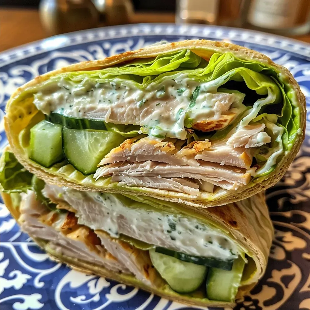 ['Close-up side view of a Greek Turkey Wrap with visible layers of turkey, lettuce, and tzatziki.', 'Detailed photo of a Greek Turkey Wrap showcasing sliced turkey and fresh vegetables in a tortilla.', 'Side view capture of a Greek Turkey Wrap revealing tzatziki sauce and cucumber slices.', 'Juicy Greek Turkey Wrap displayed with layers of ingredients and vibrant colors.']