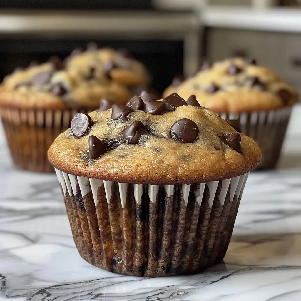 ['Close-up view of Greek yogurt chocolate chip muffins with melting chocolate chips.', 'Side view of delicious Greek yogurt muffins, featuring chocolate chips and a golden-brown crust.', 'Juicy Greek yogurt chocolate chip muffins showcased in a close-up shot, highlighting their texture.', 'Succulent Greek yogurt muffins with chocolate chips, captured from the side to emphasize their fluffiness.']