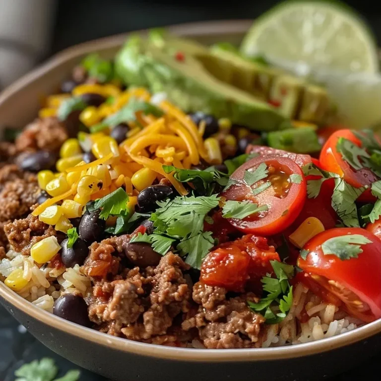 ['Close-up view of a vibrant Ground Beef Taco Rice Bowl featuring layers of beef, rice, cheese, and fresh toppings.', 'A colorful Ground Beef Taco Rice Bowl showcasing seasoned ground beef, topped with avocado, and garnished with cilantro.', 'Side view of a delicious Ground Beef Taco Rice Bowl with rice, corn, black beans, and fresh cherry tomatoes.', 'An appetizing Ground Beef Taco Rice Bowl filled with ground beef, cheese, and lime wedges on the side.']