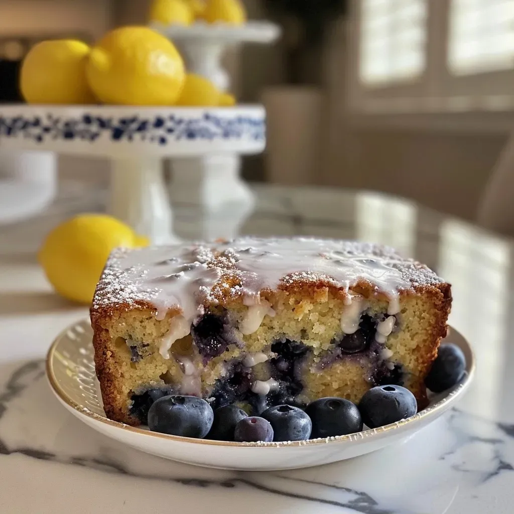 ['Side view of a Healthy Lemon Blueberry Loaf with a golden crust and visible blueberries.', 'Close-up of a moist Healthy Lemon Blueberry Loaf showcasing its texture and blueberries.', 'Slice of Healthy Lemon Blueberry Loaf revealing its fluffy interior and bright lemon zest.', 'Freshly baked Healthy Lemon Blueberry Loaf with a lemony glaze and fresh blueberries on top.']