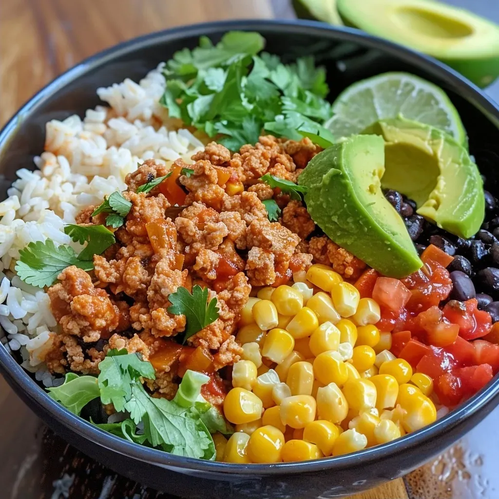 Close-up view of a colorful Healthy Turkey Taco Bowl with fresh ingredients.