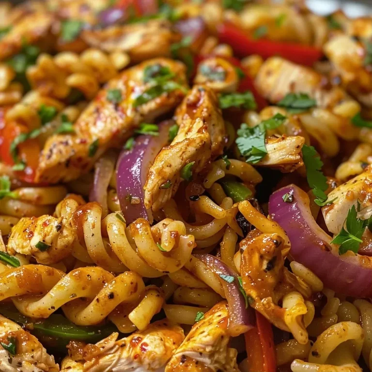 ['A side view of a bowl filled with high protein chicken fajita pasta, showcasing colorful ingredients.', 'Close-up of a delicious chicken fajita pasta dish, featuring vibrant bell peppers and shredded cheese.', 'Juicy chicken pieces mixed with pasta and vegetables in a rich creamy sauce, set against a dark background.', 'An appetizing side view of high protein chicken fajita pasta topped with fresh parsley and melted cheese.']