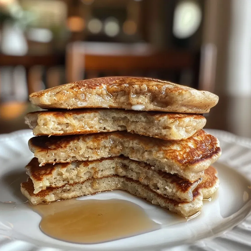 ['Close-up view of fluffy high-protein cottage cheese pancakes topped with syrup.', 'Side view of cottage cheese pancakes stacked on a plate, drizzled with honey.', 'Juicy high-protein pancakes made with cottage cheese, garnished with a sprinkle of cinnamon.', 'Delicious cottage cheese pancakes displayed on a plate, with a fork beside them.']