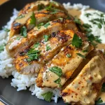 ['Juicy Cajun chicken with creamy sauce served beside fluffy garlic rice on a plate.', 'Close-up view of spicy creamy Cajun chicken garnished with parsley, placed next to aromatic garlic rice.', 'A serving of high-protein creamy Cajun chicken displayed with cooked garlic rice and fresh herbs.', 'Deliciously presented Cajun chicken in a creamy sauce, alongside a portion of garlic-flavored rice.']