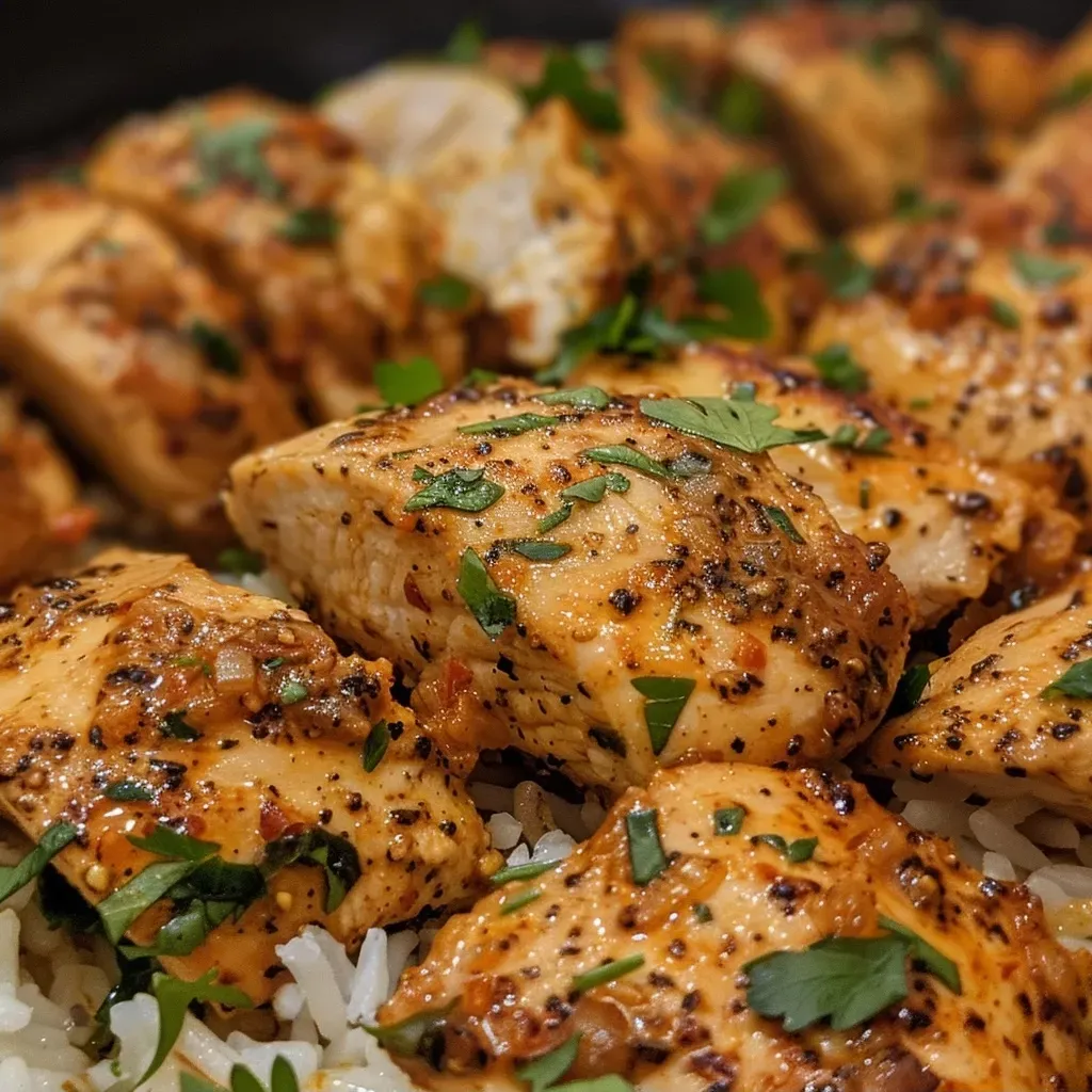 ['Juicy Cajun chicken with creamy sauce served beside fluffy garlic rice on a plate.', 'Close-up view of spicy creamy Cajun chicken garnished with parsley, placed next to aromatic garlic rice.', 'A serving of high-protein creamy Cajun chicken displayed with cooked garlic rice and fresh herbs.', 'Deliciously presented Cajun chicken in a creamy sauce, alongside a portion of garlic-flavored rice.']