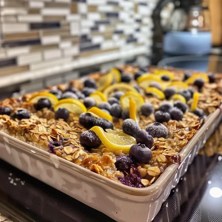 Close-up view of a golden-brown lemon blueberry breakfast bake with visible blueberries.