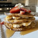 ['Close-up of a delicious high protein pancake taco filled with sliced fruit and nut butter.', 'Side view of a vibrant pancake taco stacked with whipped cream and Greek yogurt.', 'Juicy high protein pancake tacos filled with fresh fruit and topped with cream.', 'A colorful arrangement of pancake tacos showcasing various fillings like yogurt and fruit.']