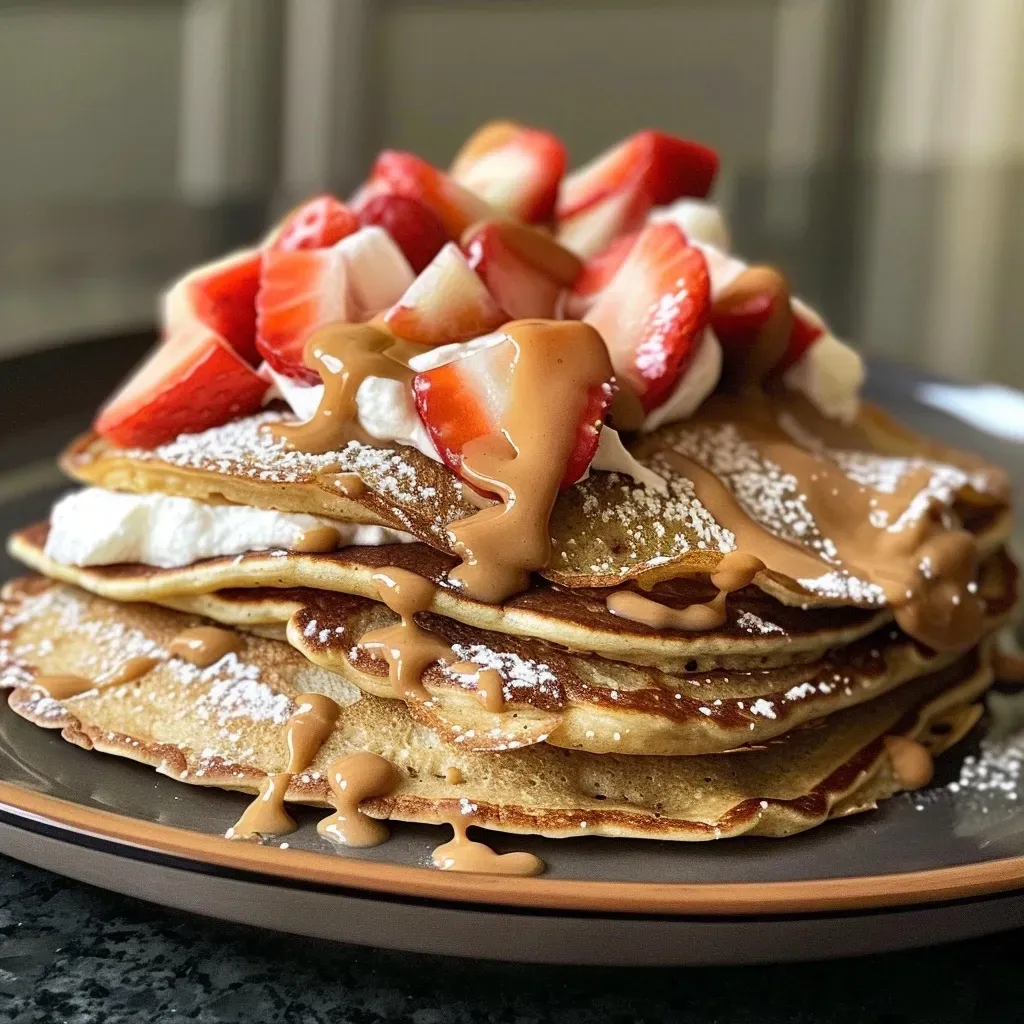 ['Close-up of a delicious high protein pancake taco filled with sliced fruit and nut butter.', 'Side view of a vibrant pancake taco stacked with whipped cream and Greek yogurt.', 'Juicy high protein pancake tacos filled with fresh fruit and topped with cream.', 'A colorful arrangement of pancake tacos showcasing various fillings like yogurt and fruit.']