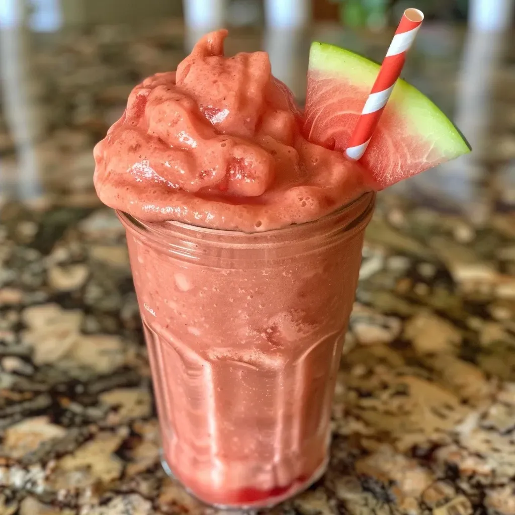 ['A close-up view of a vibrant high-protein watermelon slushie in a glass, showcasing juicy watermelon chunks and a refreshing texture.', 'Side profile of a colorful slushie made with watermelon and protein powder, highlighting the frosty appearance and garnished with a slice of watermelon.', 'A refreshing slushie in a clear glass, featuring pink watermelon and a summery vibe, perfect for a hot day.', 'Close-up image of a protein-packed watermelon slushie, emphasizing the rich color and icy texture.']