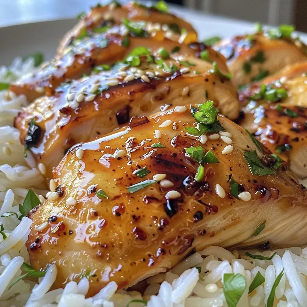 ['Close-up view of succulent honey butter garlic chicken served over rice.', 'A side view of honey butter garlic chicken on a bed of fluffy rice, garnished with herbs.', 'Juicy chicken thighs coated in honey garlic sauce, paired with jasmine rice.', 'Detailed plate of honey butter garlic chicken and rice, showcasing its rich color and texture.']