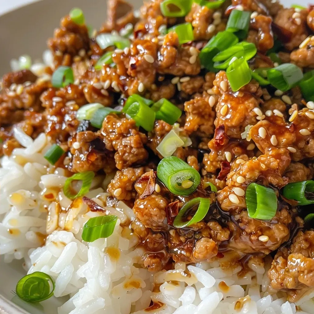 ['Close-up view of a plate featuring honey garlic ground turkey, garnished with green onions.', 'Juicy honey garlic ground turkey served in a bowl, showcasing glistening sauce and fresh herbs.', 'Side view of honey garlic ground turkey with steam rising, highlighting its juicy texture and vibrant colors.', 'Detailed shot of a serving of honey garlic ground turkey, emphasizing the sticky glaze and minced garlic.']