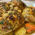 ['Juicy Honey Mustard Chicken thighs in a pan with potatoes and carrots.', 'Close-up of Honey Mustard Chicken with vibrant vegetables, ready to serve.', 'Plate of Honey Mustard Chicken surrounded by quartered potatoes and chopped carrots.', 'Tantalizing Honey Mustard Chicken dish garnished with fresh vegetables.']