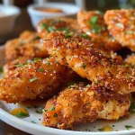 Close-up view of crispy Hot Honey Chicken Tenders drizzled with honey.