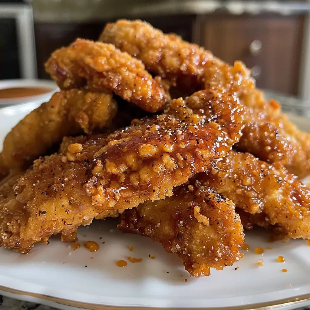Side view of juicy chicken tenders coated in a spicy-sweet glaze.
