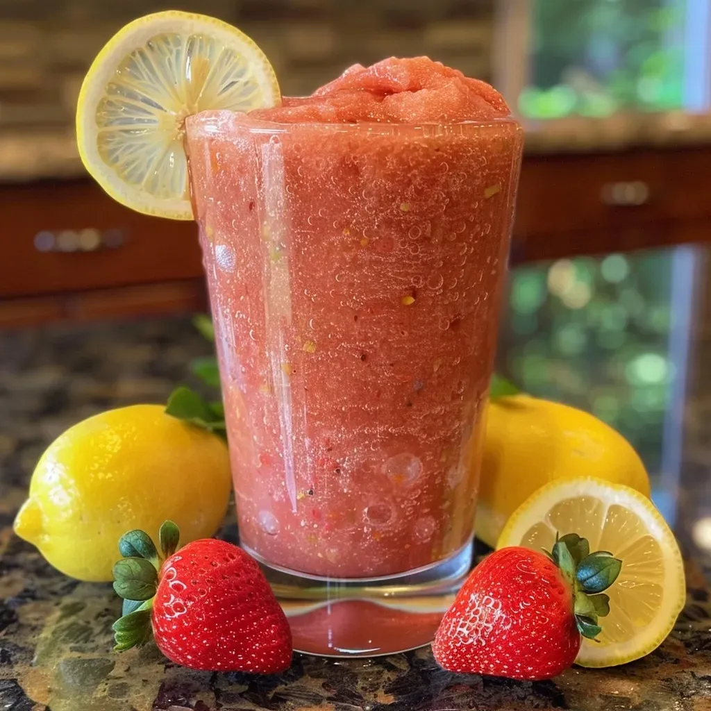 Close-up side view of a colorful Lemon Berry Slush in a clear cup with ice.