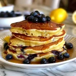 ['Close-up image of fluffy lemon blueberry pancakes stacked on a plate, drizzled with syrup.', 'Side view of lemon blueberry pancakes showing texture, topped with blueberries and lemon zest.', 'Juicy lemon blueberry pancakes served on a plate with melting butter and syrup.', 'Delicious stack of pancakes with visible blueberries and zesty lemon on top.']