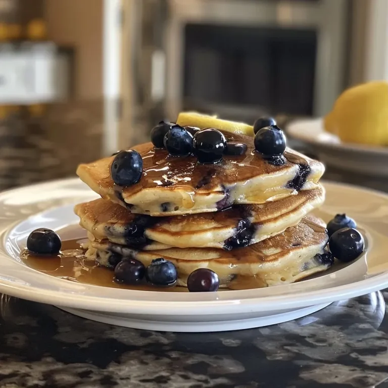 Close-up view of fluffy lemon blueberry pancakes stacked on a plate, topped with fresh blueberries and lemon zest.