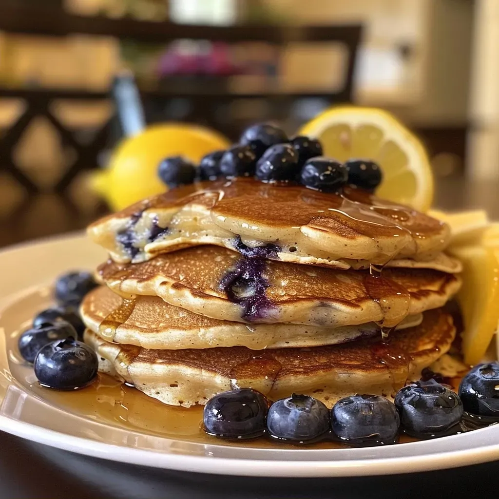 Close-up image of fluffy lemon blueberry pancakes stacked on a plate, drizzled with syrup.