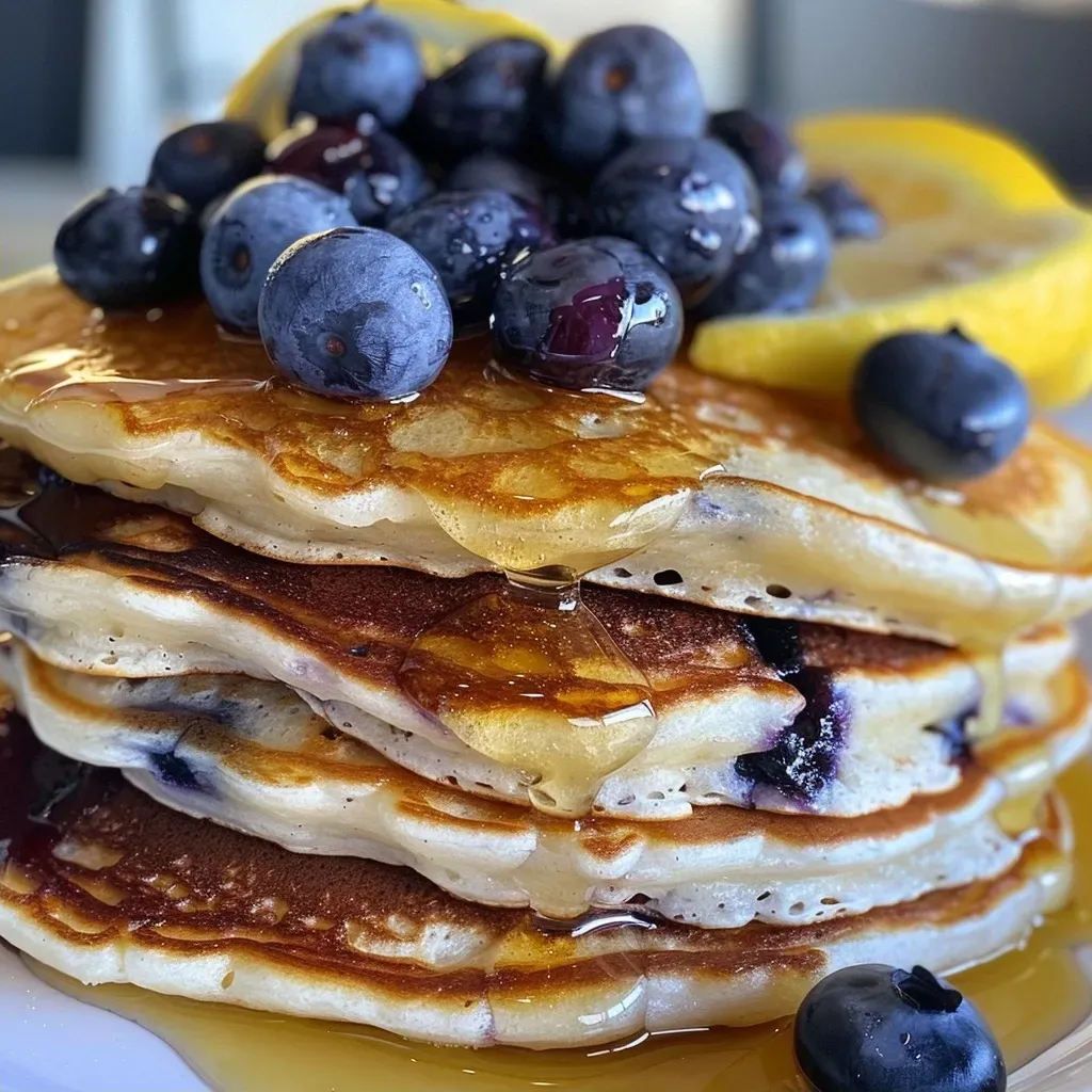 Side perspective of a stack of golden lemon blueberry pancakes drizzled with maple syrup and garnished with blueberries.