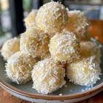 ['Side view of lemon coconut protein balls on a wooden plate.', 'Close-up of protein balls rolled in shredded coconut, gleaming with freshness.', 'Lemon coconut protein balls stacked attractively, showcasing their texture.', 'A delicious arrangement of lemon coconut protein balls with a lemon slice nearby.']