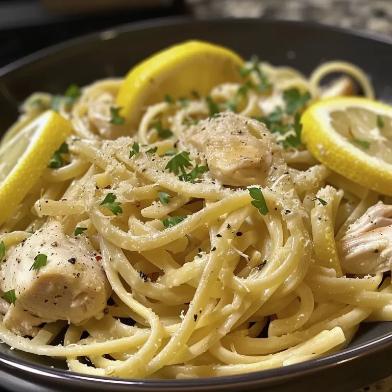 ['A close-up view of Lemon Garlic Chicken Pasta with a creamy sauce, garnished with parsley and lemon slices.', 'Juicy chicken pieces and linguine mixed in a rich lemon garlic sauce, seen from the side.', 'A vibrant plate of Lemon Garlic Chicken Pasta showcasing tender chicken, fresh parsley, and a creamy texture.', 'Side view of a hearty serving of Lemon Garlic Chicken Pasta adorned with lemon zest and slices.']