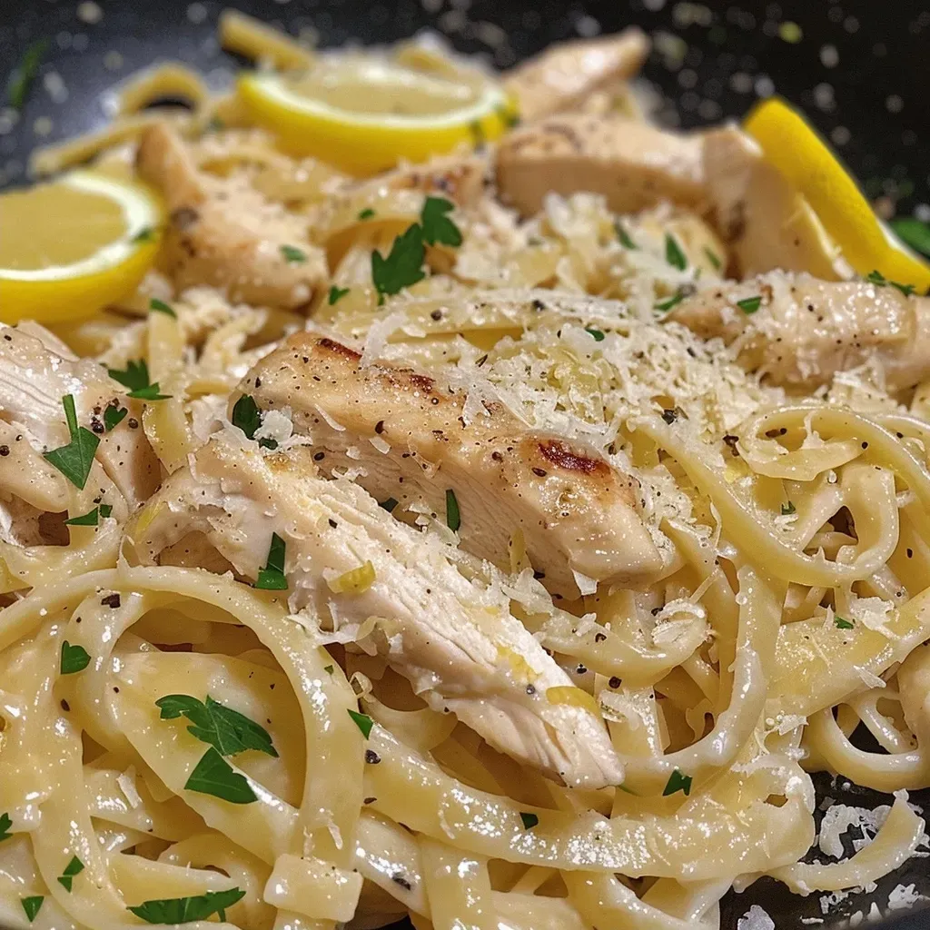 A close-up view of Lemon Garlic Chicken Pasta with a creamy sauce, garnished with parsley and lemon slices.